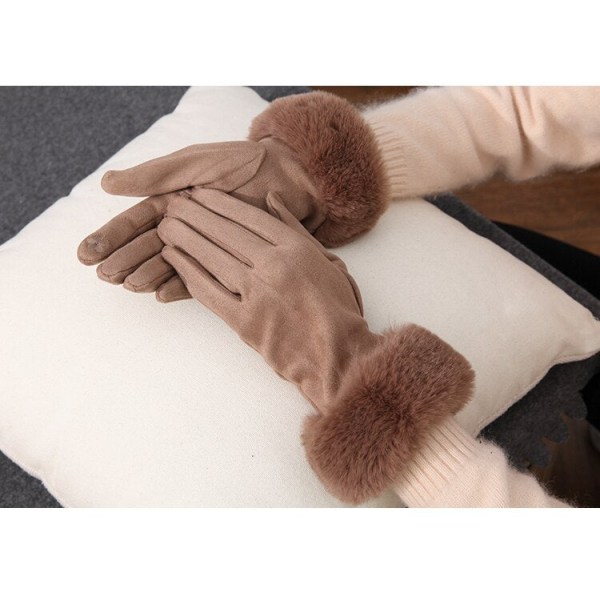 Fashionable dame vinter varme ruskind læder touch screen handske kvinde imiteret kaninpels broderi plus fløjl tykke kørehandsker H92 I67 Khaki One Size