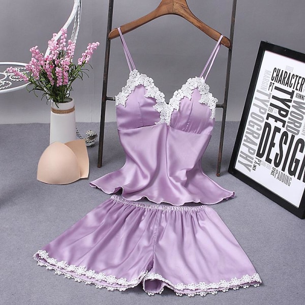 Kvinna Sexig Spets Pyjamas Nattlinne Shorts Twinset nattkläder Purple L