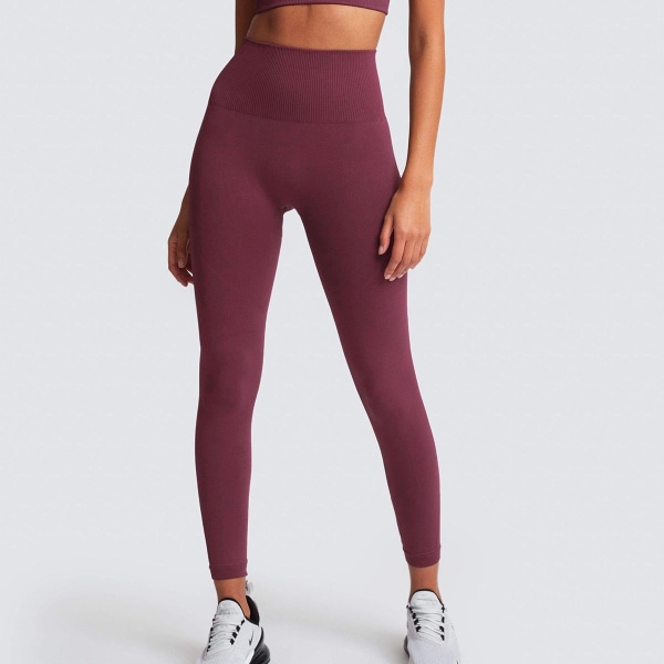 Sömlösa Enfärgade Andningsbara Snabbtorkande Träningsbyxor Hög Midja Persikoformad Höftlyft Smala Stretch Höftlyft Yogabyxor för Kvinnor 6095 pants-Red M