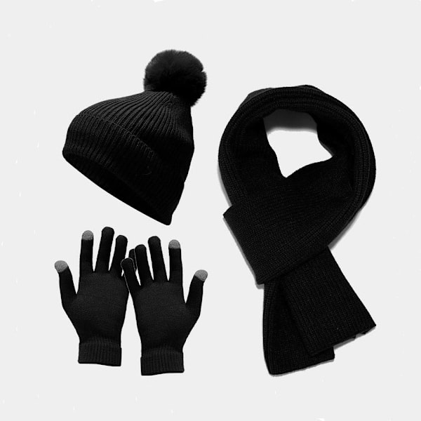 Stickad Mössa Halsduk Handskar Tredelat Utomhus Förtjockad Varm Pälsbollsmössa Black