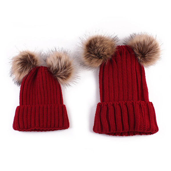 Höst och Vinter Dubbel Pälsboll Förälder-Barn Stickad Mössa Kreativ Varm Herr- och Damullsmössa Red Average size