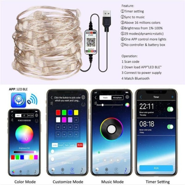 USB LED Slinga Bluetooth App-Kontroll Koppartråd Slinga Utomhus Vattentät Ljusslinga för Julgransdekoration Like the picture USB light string-2M