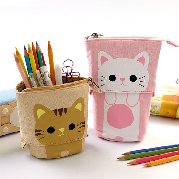 Sisäänvedettävä monitoiminen söpö penaali kynäteline, sopii tytöille Pink lovely Meow