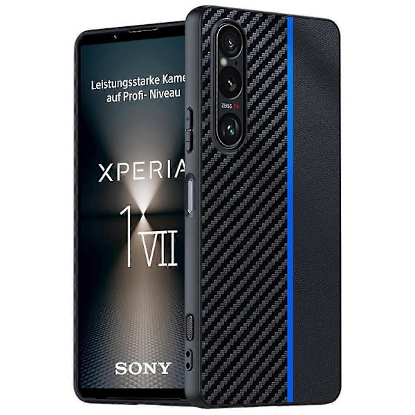 Til Sony Xperia 1 VII Etui Læder + PC Hårdt Telefon Cover Kulfiber Tekstur Black/ Blue