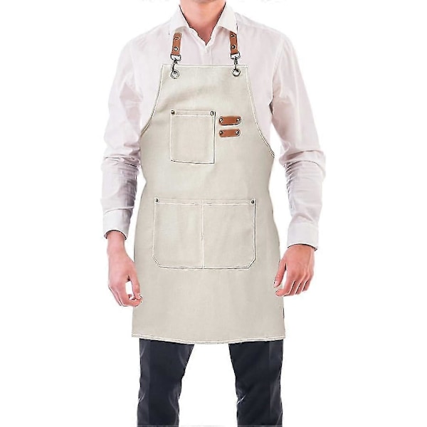 Köksförkläde Herr 76 * 68cm Canvasförkläden (Beige) med 3 Fickor och Justerbart Förkläde för Grillning, Restaurang, Trädgård, Snickeri