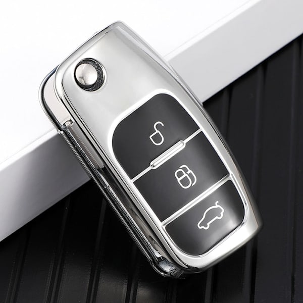 Til Ford Focus 2 MK2 Fiesta Mondeo Galaxy Falcon Territory Ecosport Bil TPU Foldbar Nøgle Cover Taske Shell Etui Nøglering Beskytter Silver