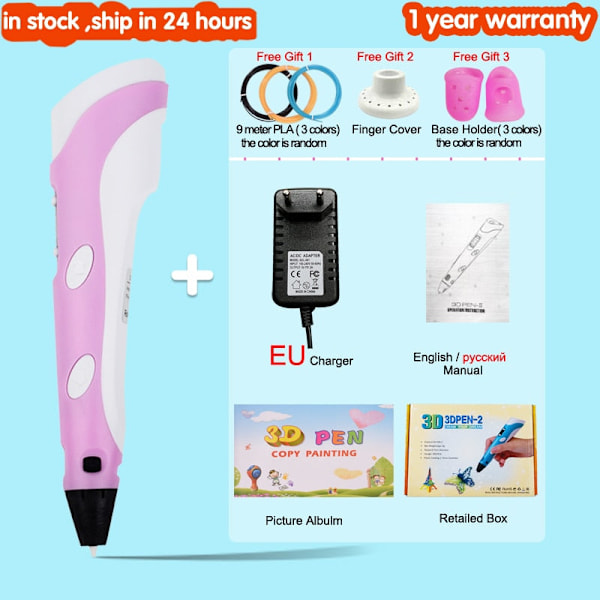 3D-kynä lapsille, 3D-piirustus- ja tulostuskynä LCD-näytöllä, yhteensopiva PLA-filamentin kanssa, leluja lapsille, joulu- ja syntymäpäivälahja PLA Filagment pink with EU adapter
