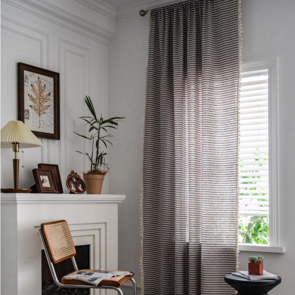 Simpelt bomulds- og linnedgardin stribet kvast stue gardinstang Bamboo hemp tassel-hook curtain 150W * 220 high CM