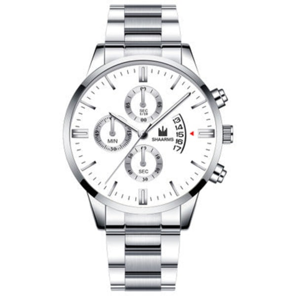 Falsk Tre Øyne Herre Stålreim Klokke Business Kalender Quartz Belte Klokke Herre Silver Streak Blue Silver Needle