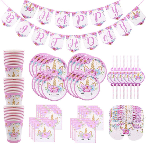 Engangs сервиise med enhjørning-tema, papirtallerkener, kopper, servietter, dekorasjon til enhjørning-bursdagsfest, babyshower, jente Number4 Set