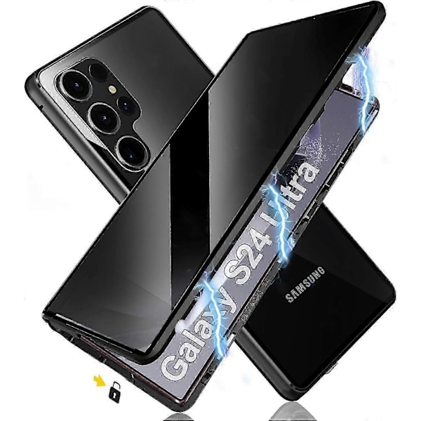 Tietosuojallinen Magneettinen Kotelo Samsung Galaxy S24 Ultra/S24 Plus/S24:lle Turvalukolla, Magneettinen Kaksisivuinen Temperoitu Lasikotelo, Tukee Langatonta Latausta Black S24 Plus