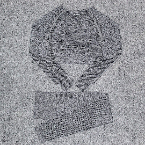 Yoga Sæt Sømløs Langærmet Crop Top Højtaljede Gym Fitness Leggings Til Kvinder PantSet-DarkGray S