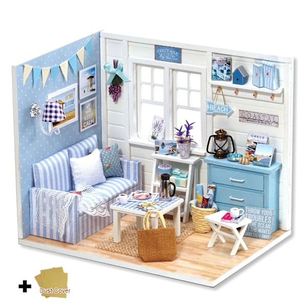 Cutebee DIY Dukkehussett Med Møbler LED-Lys DIY Miniatyr Byggesett Lite Hus Treleker for Barn Voksen As  photo H16B