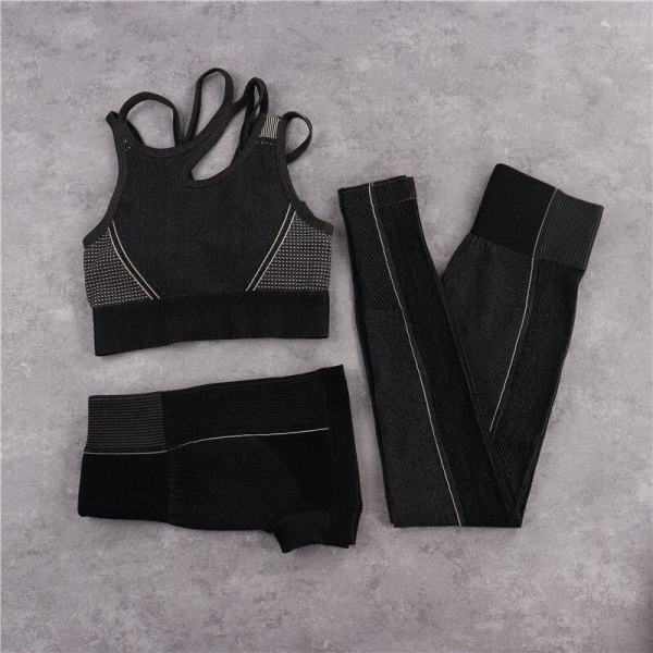 Yoga Set Crop Top BH Shorts Leggings Träningskläder Aktiv Fitness Gym Kläder 3PCS Black Set M