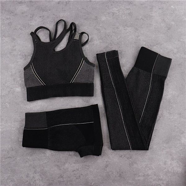 Yoga Sett Crop Top BH Shorts Leggings Treningsantrekk Aktiv Fitness Gymklær 3PCS Black Set M