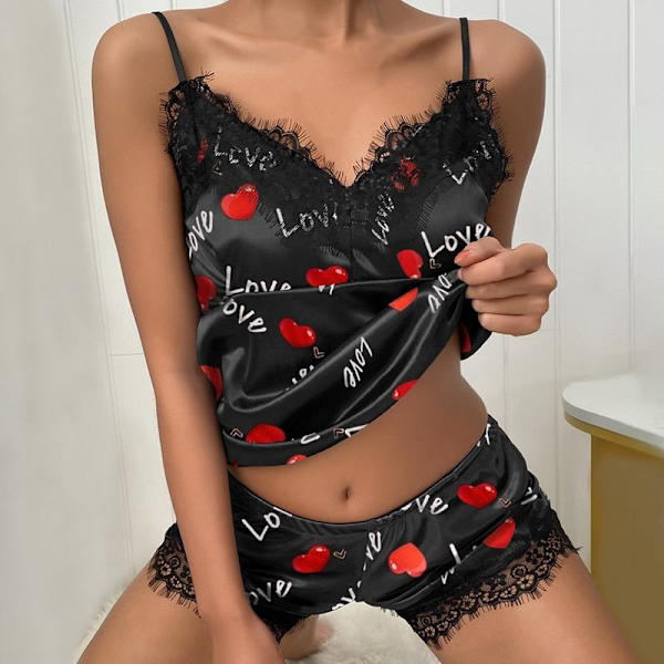 Sexigt blommigt pyjamasset för damer, 2-delat nattlinne pyjamas siden satin cami-linne och shorts pyjamas sommar pyjamasset för kvinnor Black M