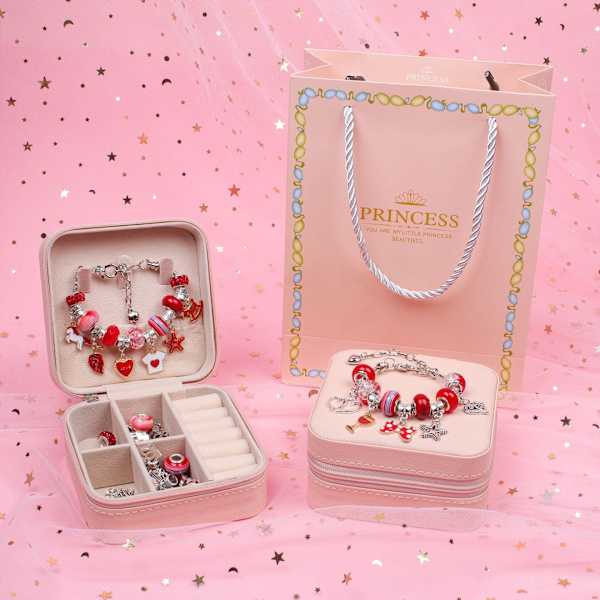 Barns Pedagogiska Handgjorda DIY Pärlarmband Set Kreativt Smyckesarmband Set Presentförpackning Red jewelry box 66PCs