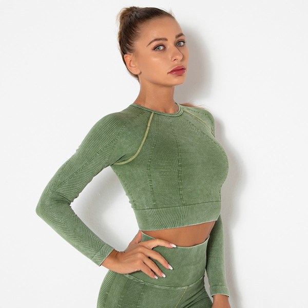 Sömlösa tvättade yogakläder Sport löpning Fitness byxor Tight High elastisk långärmad yoga tredelad kostym long sleeve-washed green M