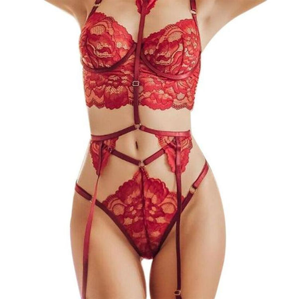 Sexiga underklädesset för kvinnor, genomskinlig BH, pyjamas, underkläder, nattkläder, vita spetsbehåar och trosor, sovkläder Red XL