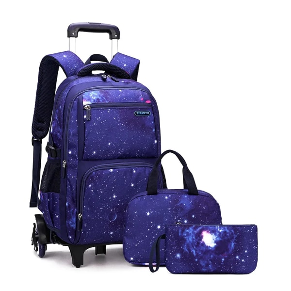 Med Lunchlåda Skolväskor Rullande ryggsäck för pojkar Rullväska Bärväska Barnbagage Primary Junior High School Bag 6 wheels blue