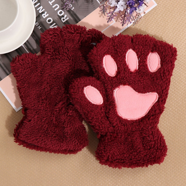 1 par Dame Jenter Nydelige Vinter Varme Fingerløse Hansker Fluffy Bjørn Katt Plysj Pote Klo Halv Finger Hansker Votter Nye wine red One Size
