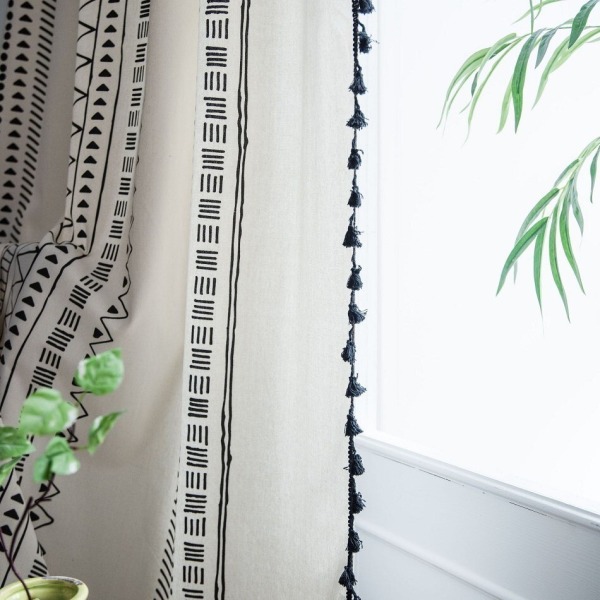 Boho Gardiner Geometrisk Stribede Gardiner Soveværelse Stue Panel med Kvaster Linned Gardiner Færdig Drapering Boligindretning A W150xL200cm
