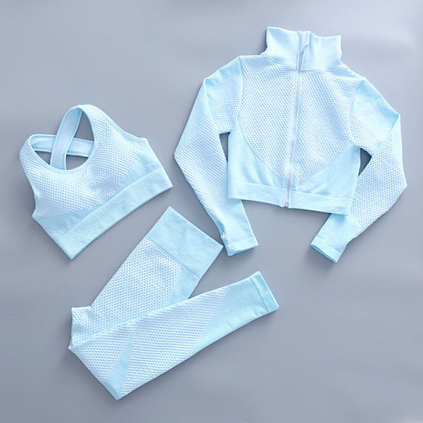Yoga Set Träningskläder gym fitness för damer träningsdräkt 3 Pcs set Sky blue L
