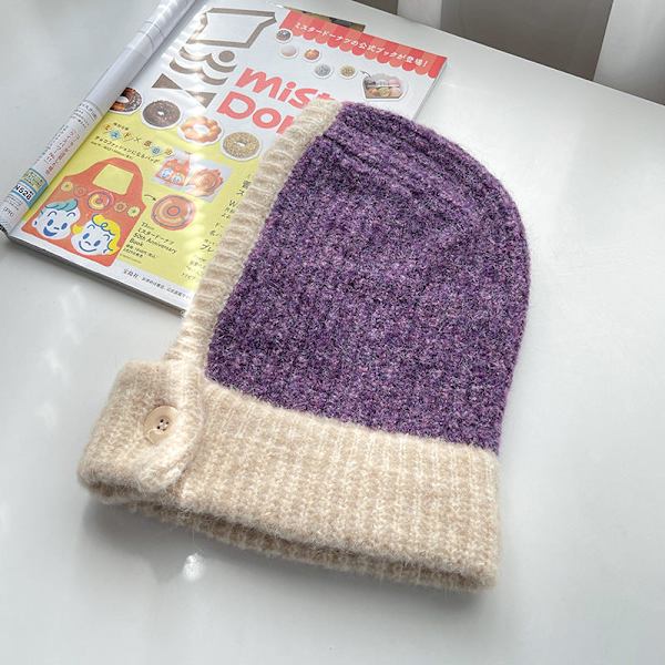 Fargematchende Lue Dame Høst og Vinter Halsbeskyttelse Termisk Strikket Ullue Koreansk Stil Ridesikker Vindtett Knapp Erme Lue Brown M（56-58cm）