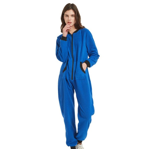 Dam Nattkläder Jumpsuits Fickor utan huva Dragkedja Onesie One-piece Solid Pyjamas Hemkläder Långärmade Nattkläder Pyjamas Casual Blue M