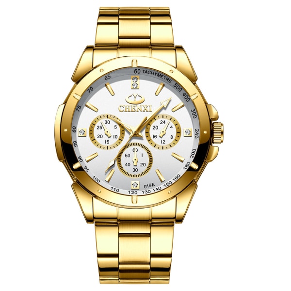 Guld Par Klocka Tre-Ögon Dekoration Herr Business Klocka Men's all-gold white face