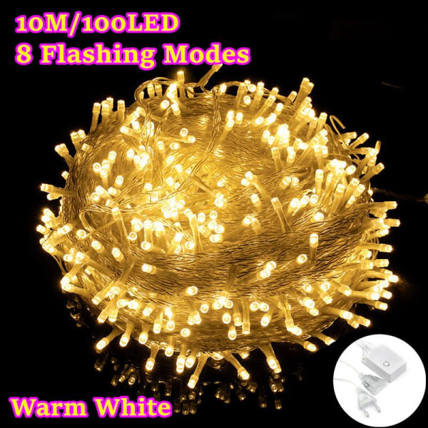 100 LED 10M Keijuvalosarja LED-nauhavalot Vedenpitävä Jatkojohto Kodin Sisustus Joulujuhlat White 10M
