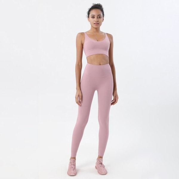 Yoga Set Sports Suit Kvinnor Lounge Wear Crop Toppar och Leggings Pink Purple M