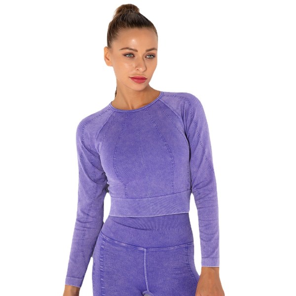 Sömlösa tvättade yogakläder Sport löpning Fitness byxor Tight High elastisk långärmad yoga tredelad kostym long sleeve-washed purple L