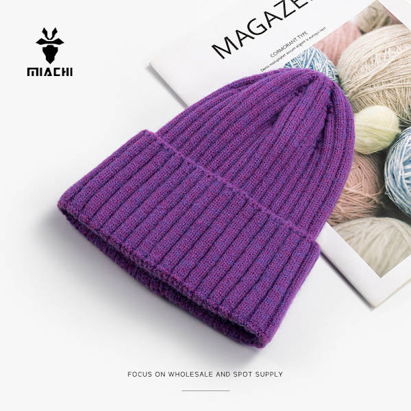 Höst och Vinter Stickad Mössa Dam Mode Bomull Kashmir Koreansk Varm Yllemössa Enfärgad Kant Herr Pullover 20 B119 purple mixed with flowers Average size