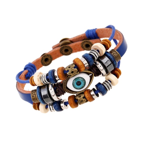 Populär Ornament Nytt Pärlbroderade Ögon Nötskinn Armband Utdragbart Justerbart Par Läderarmband Blue snap button