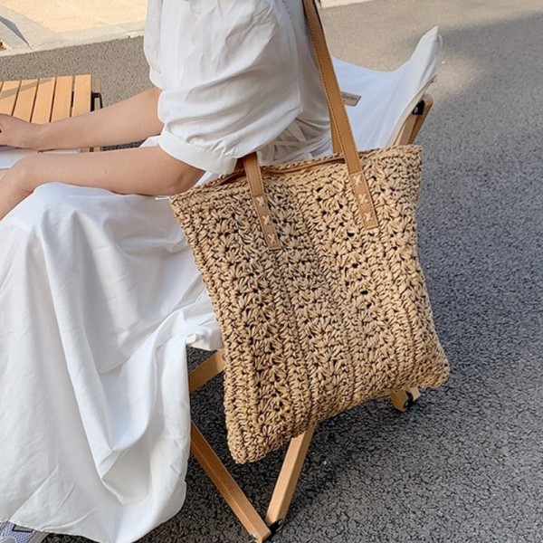 Fyrkantig ihålig halm strandväska Handgjord vävd axelväska Raffia rotting Shopping resväska Bohemisk sommarsemester Casual Brown