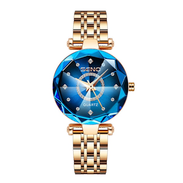 Stjärnklar Himmel Diamantyta Ljus Stark Multi-Vinklad Glas Solid Förfinad Stålrem Dam Vattentät Klocka Rose gold and blue face