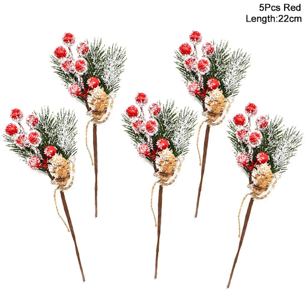 5 st Jul Röda Bär Konstgjord Blomma Tallkotte Gren Julgransdekorationer Ornament Presentförpackning Hem DIY Krans 3red 2white