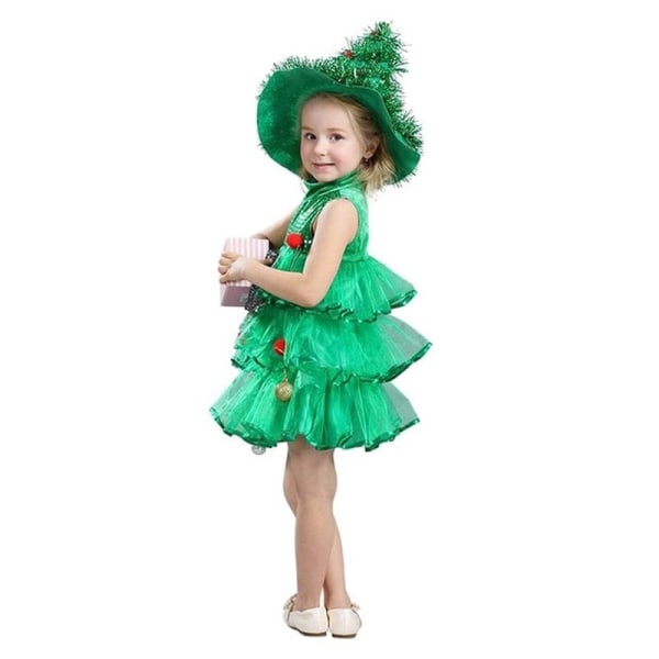 Toddler Baby Flickor Julgransdräkt Klänning Toppar Festväst+Hatt Kläder Grön tomte Dagis Performance Dräkt Green 130 cm