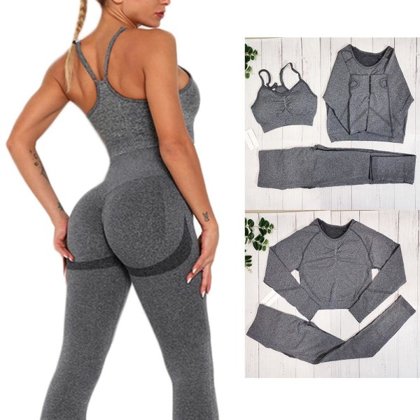 Set Fitness Sexiga sportkläder för kvinnor Grey 3Pcs set M