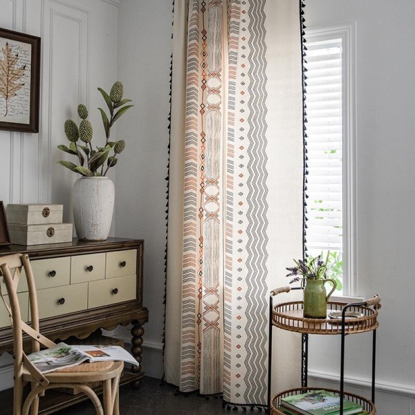 Nya gardiner i Boho-stil för vardagsrum, sovrum, kök, dekoration, bomull, linne , printed, tyg, skugga, burspråk, gardin Beige W150xH200cm