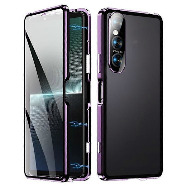Kompatibelt för Sony Xperia 1 V Magnetisk Adsorptionsfodral Metallram + Härdat Glas + PC Baksida Klar Telefon Skal Purple