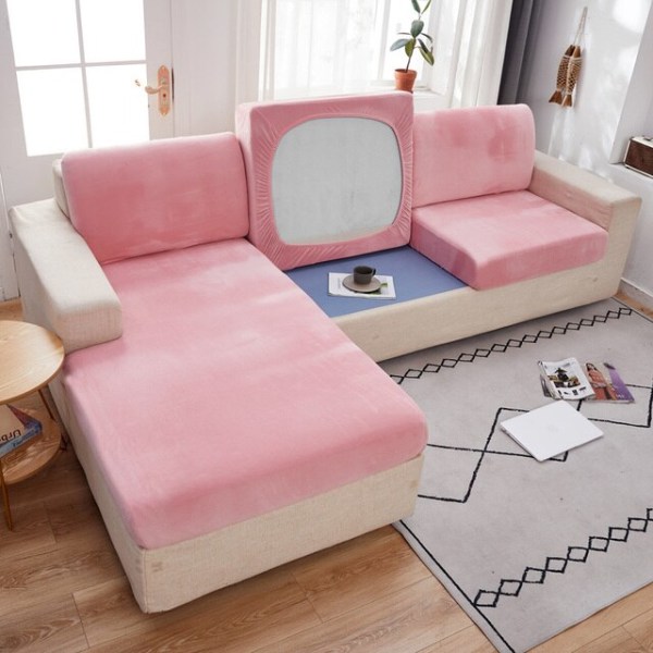 Sammetsofföverdrag för vardagsrum Plysch Kuddfodral Tjock Jacquard Enfärgad Mjuk Stretch Sofföverdrag Möbelskydd Pink Plus L-1pc