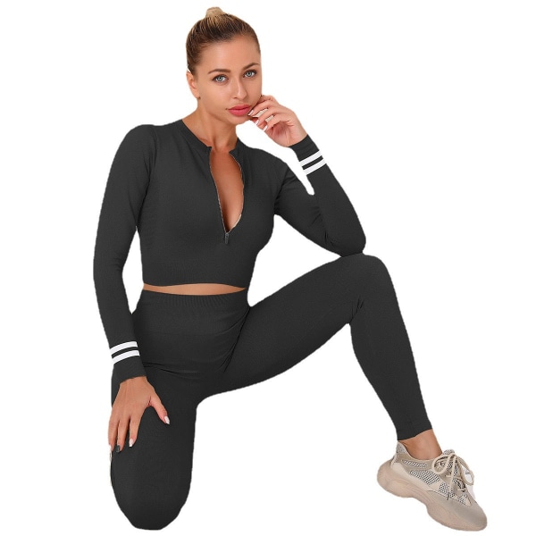 Europæisk og amerikansk langærmet yoga træningsdragt med lynlås, åndbare skinny løbebukser, fitness tøj, todelt damesæt 6239 long sleeve trousers suit-Brown S