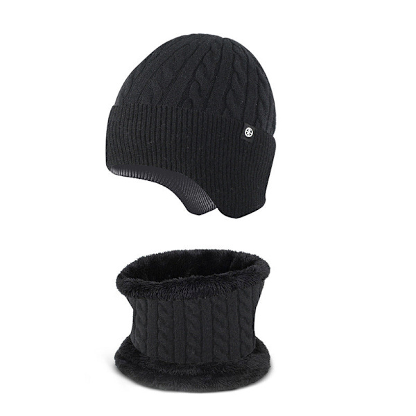 Lämmin Korvasuoja Hattu Huivi Kaksiosainen Set Talvi Ulkoilu Fleecevuorattu Neulepuku [Twist style] black two-piece set