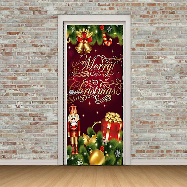 Dww-Självhäftande 3D-dörrdekal med jultema, röd bakgrund (77x200 cm), PVC-väggdekal för väggdekoration i vardagsrum, kök, sovrum, hall