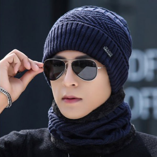 Herre Vinter Fleeceforet Vatteret Varm Iron Button Arrow Strikket Pullover Uld Strik Hue Halstørklæde Todelt Sæt Black