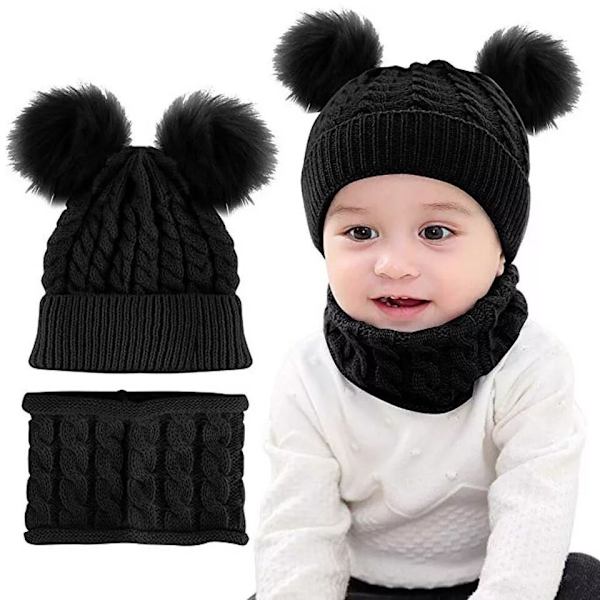 Syksyn ja talven pallokierre villapipo neulottu hattu turkispallo hattu lasten paksuuntunut lämmin villahattu villapipo Black Average size