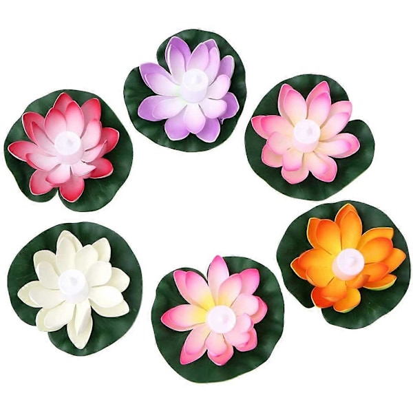 6 st Flytande Blommor LED Ljus Konstgjorda Näckrosor Lotus 18CM Önskelykta Trädgård Damm Pool Påsk Festival Party Dekoration (Blandad Färg)