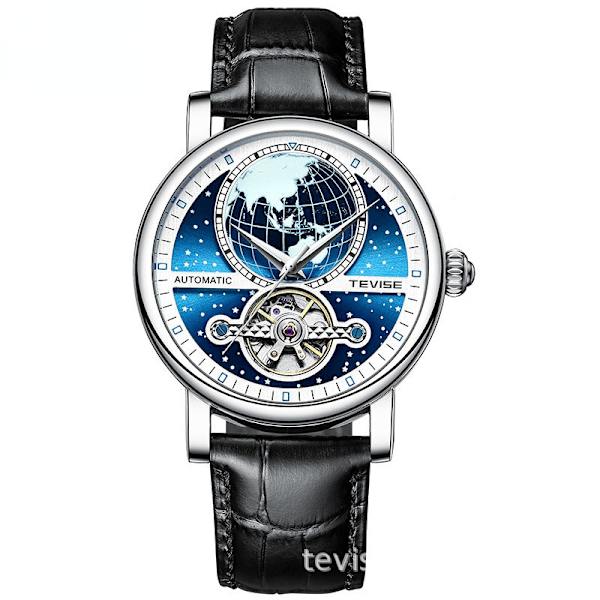 Tevise Herr Mekanisk Klocka Automatisk Läder Casual Klocka Vattentät Urholkad Mekanisk Klocka T867K-black leather